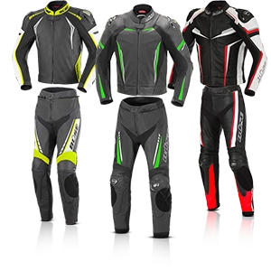 Combinaisons sportives en cuir pour hommes, de couleur grise avec des accents de couleur voyants et des protections intégrées.